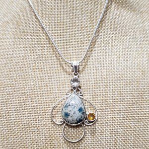 Beautiful Handmade K2 Azurite, White Topaz, Citrine Gemstone 925 Pendant Necklac